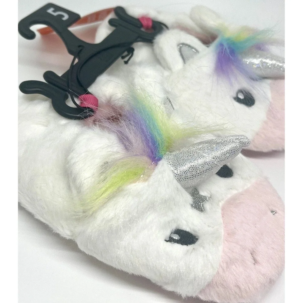 Wonder Nation Unicorn Slippers Kids Size 5 White Pink NWT Plush Faux Fur Glitter
